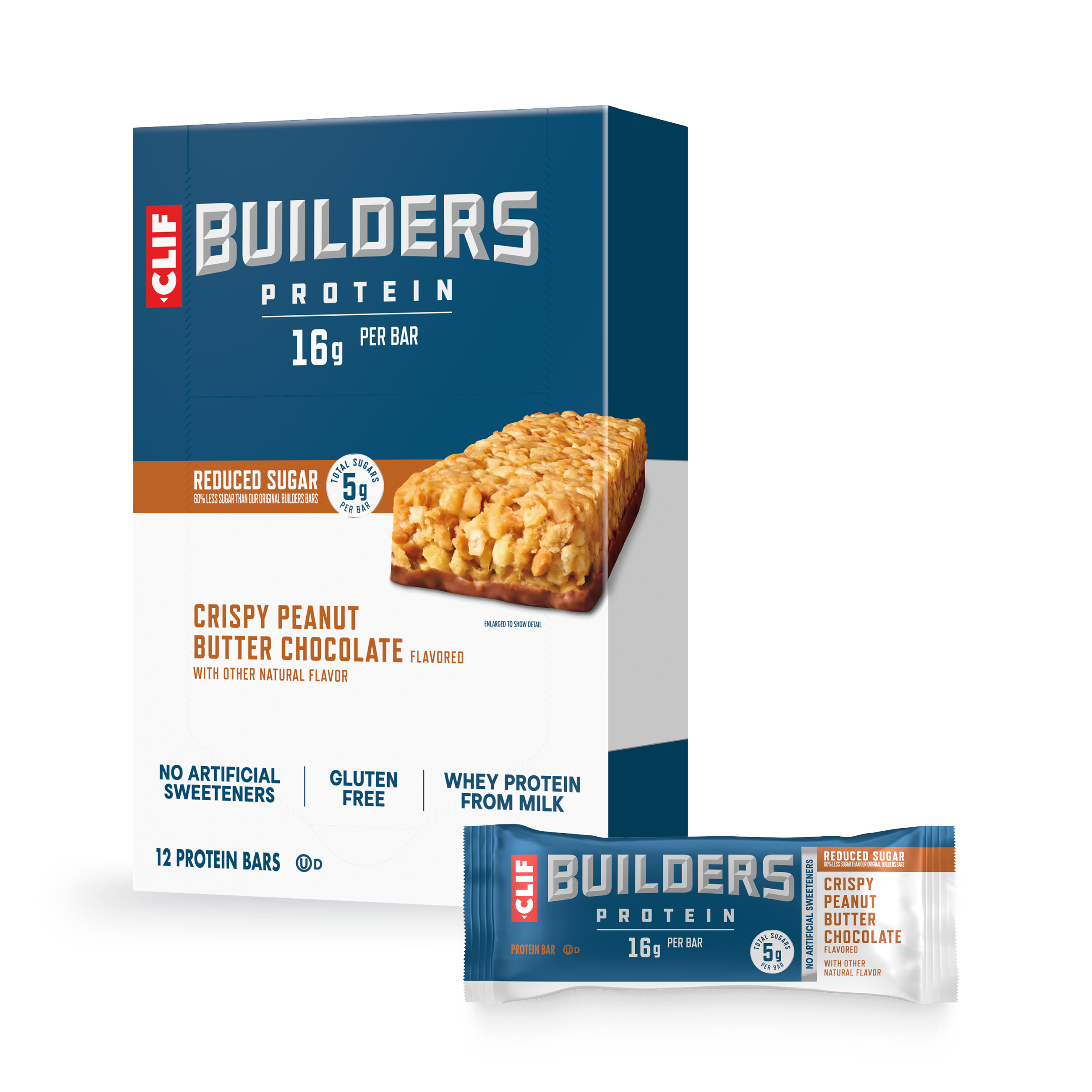 CLIF Crispy Peanut Butter Chocolate Flavored Protein Bar, Reduced Sugar W3
